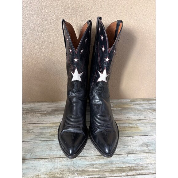 Lucchese Other - Lucchese Classics Star Inlay Cowboy Boots Black Leather USA Vintage 10.5 w/FLAW